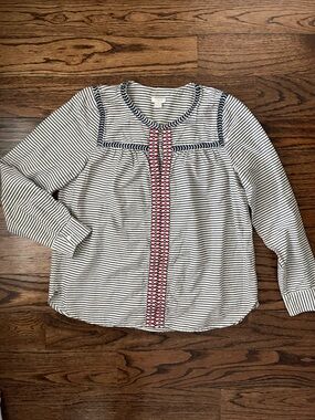 J. Crew Striped Embroidered Peasant Blouse - Navy & Ivory with Red Trim
